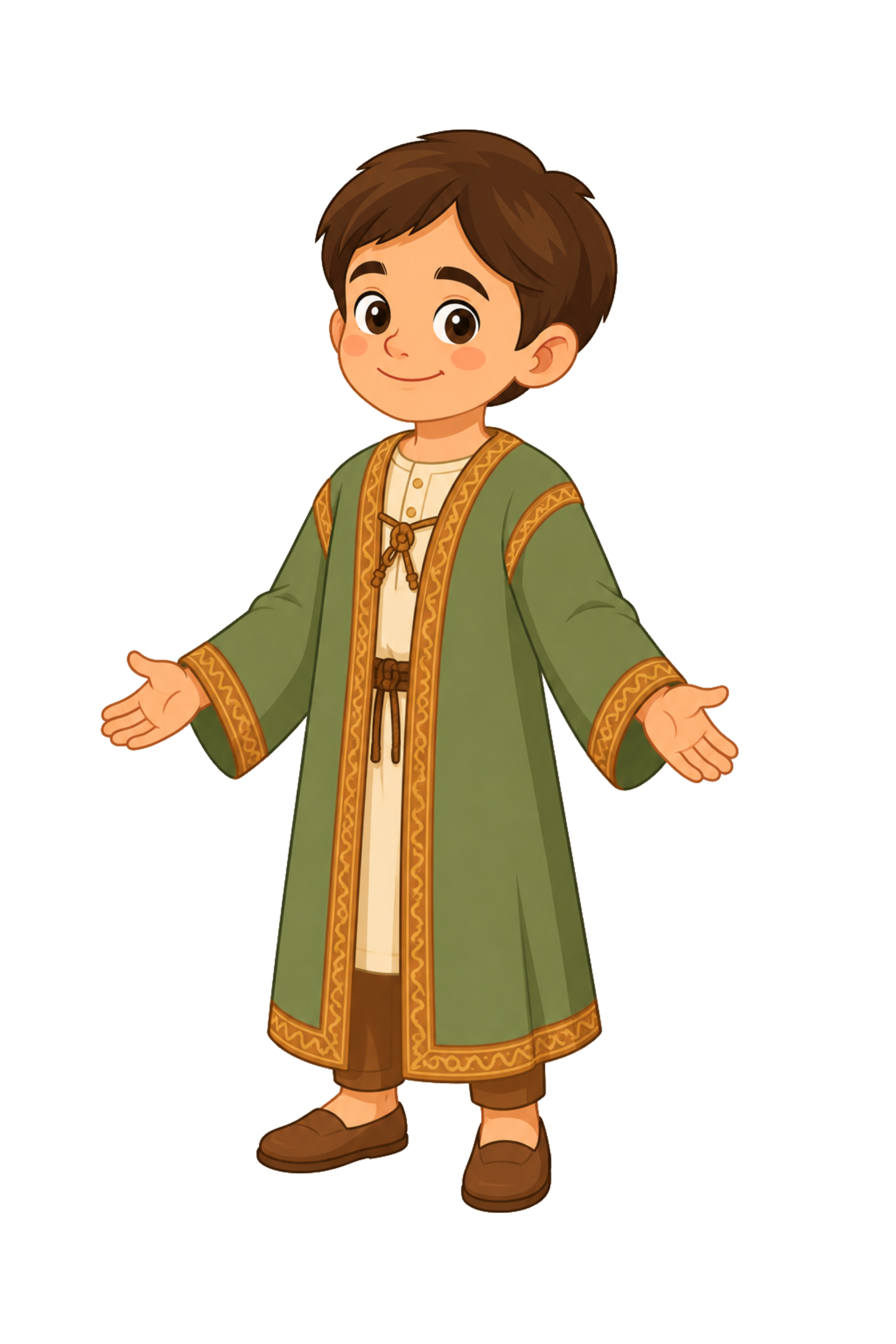 Sam, a young boy character, standing with arms open in welcome